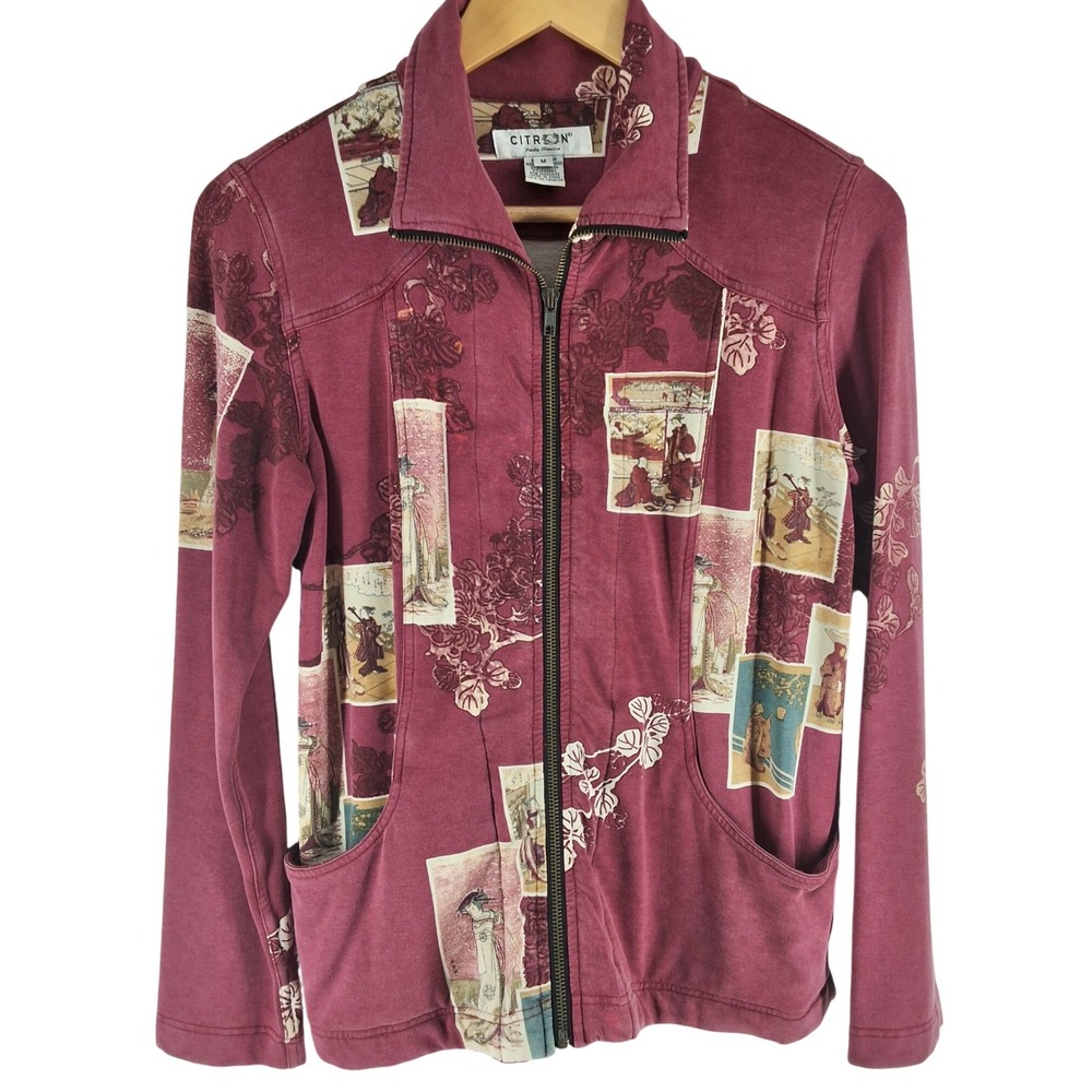 Citron Santa Monica Geisha Art Print Bamboo Zip Up Jacket Burgundy M Art To Wear